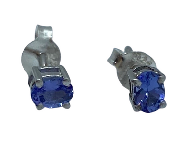 Authentic Tanzanite Gem Stud Earrings 0.42Ct Oval 4x3mm 925 Sterling Silver 18K White Gold Rhodium Coated